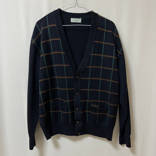 크로커다일 자수로고 윈도우페인 체크 브이넥 가디건 M/95