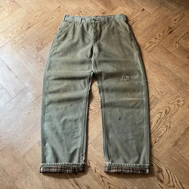 [34]칼하트 USA 체크라이닝 데미지드 모스그린 싱글니 카펜터 워크팬츠