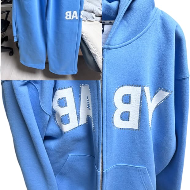 [2] 톰스벌스데이 베이비 로고 큐빅  셋업 스카이 후드집업 팬츠