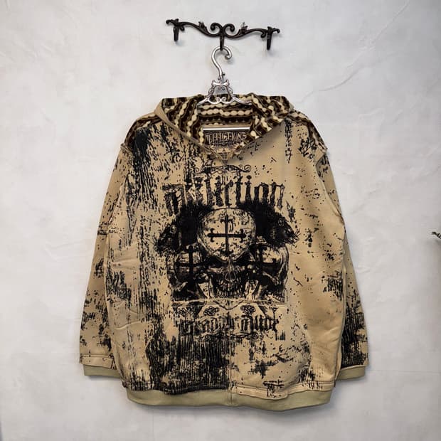 Affliction beige goth punk graphic 후드집업