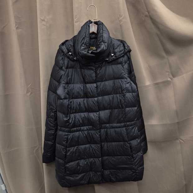 폴로 랄프로렌 다운 레더패치 후디드 롱패딩 S