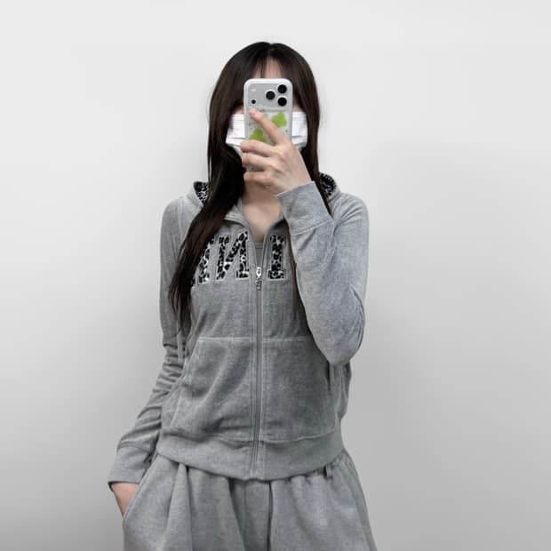 핑크 Pink 레오파드 벨벳 후드집업 그레이