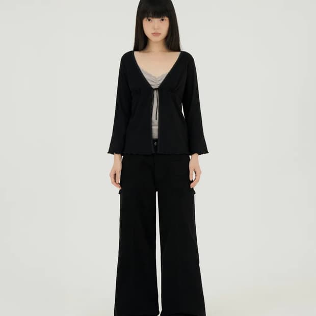 미레코 미니 포켓 와이드 코튼 팬츠 카고 팬츠 블랙