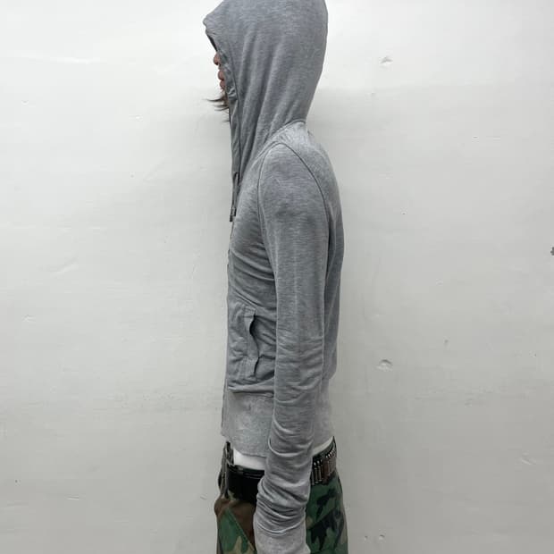 Shirring Long-Sleeved Gray Hooded Zip-Up