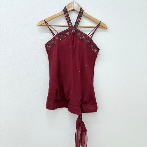 빈티지 레드 홀터낵 비즈 슬리브리스