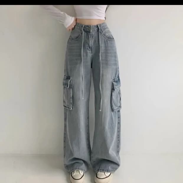 자스민벨 연청 데님 카고 와이드 팬츠 연청