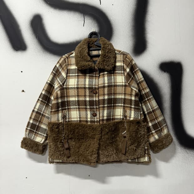 VTG 빈티지 모리 초코브라운 체크 패턴 퍼 코트 자켓