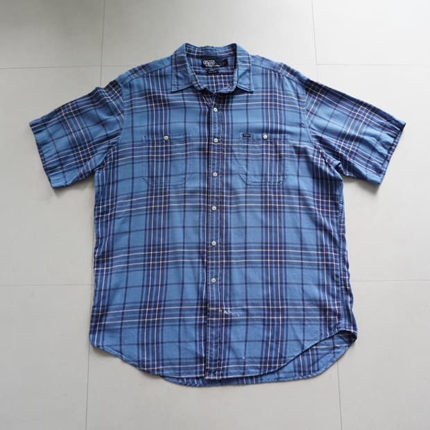90s [XL] 폴로 랄프로렌 블루 체크 반팔 셔츠
