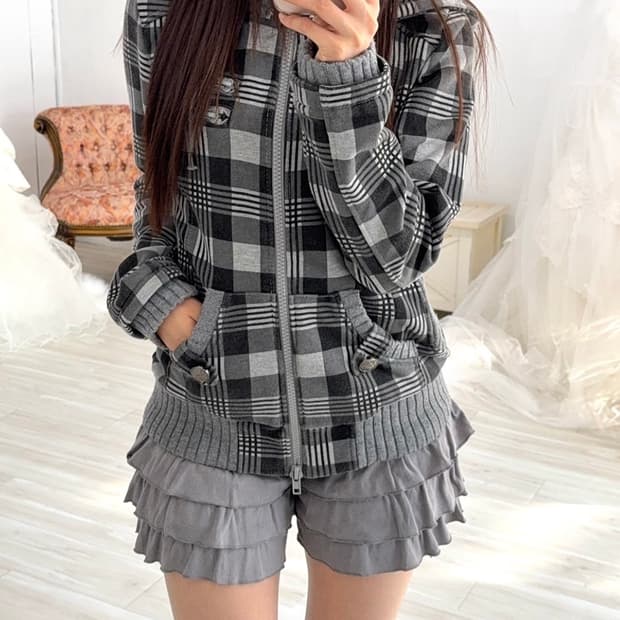Y2k Gray check zip-up