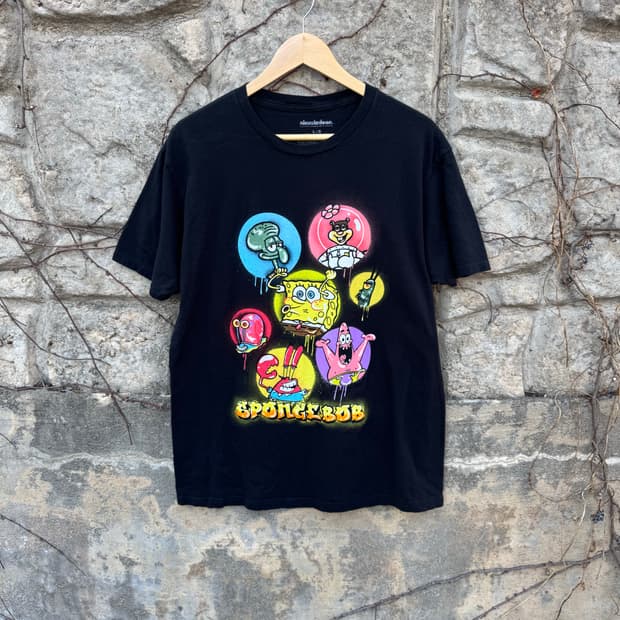 스펀지밥 프린팅 반팔 티셔츠 블랙 L