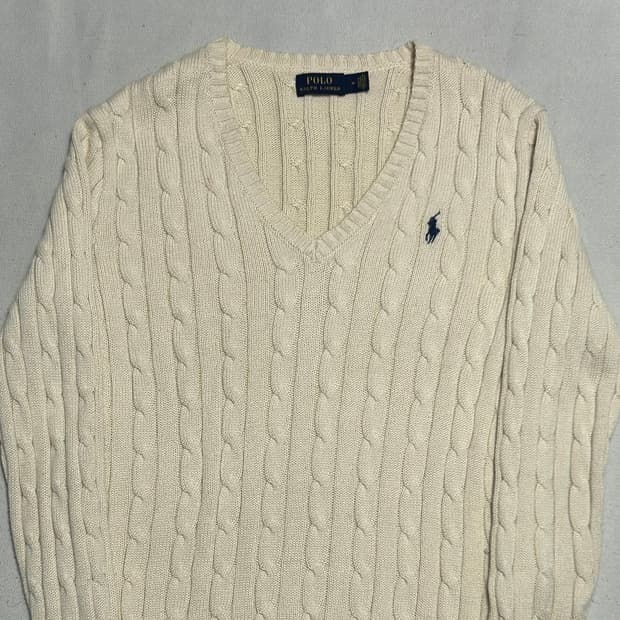 M 폴로랄프로렌 여성용 아이보리 케이블 브이넥 니트