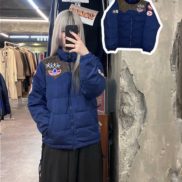 아디다스 빈티지 패치 덕다운 패딩 자켓 네이비 95 #csz3449 