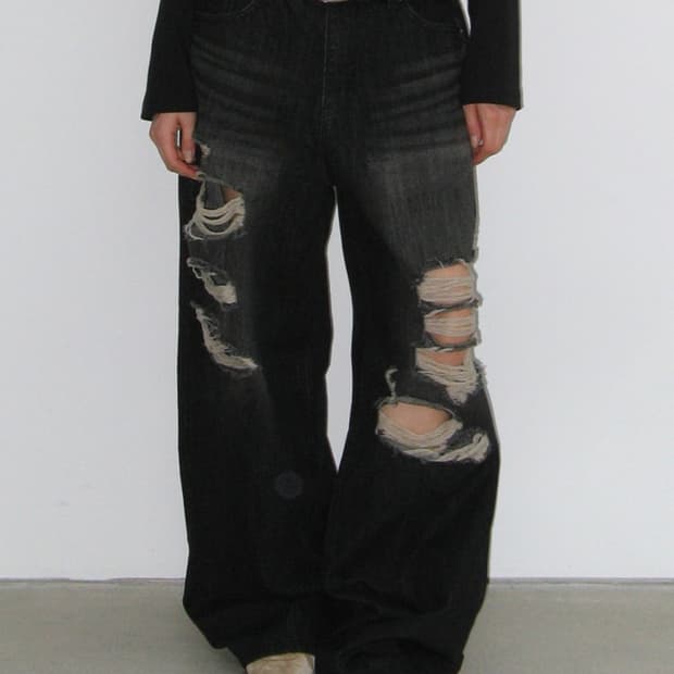 락케이크 Faye Damage Jeans - Black 블랙 데님 팬츠