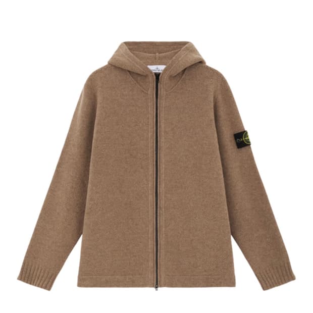 스톤 아일랜드 램스울 풀 지퍼 가디건 위드 후드 월넛 브라운 