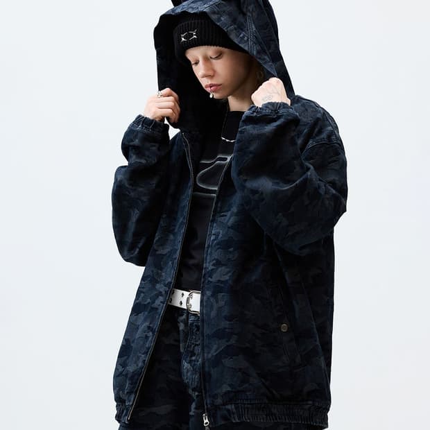 크리틱 데빌 카모 워싱 셋업 데님 후드 집업 블랙 XL