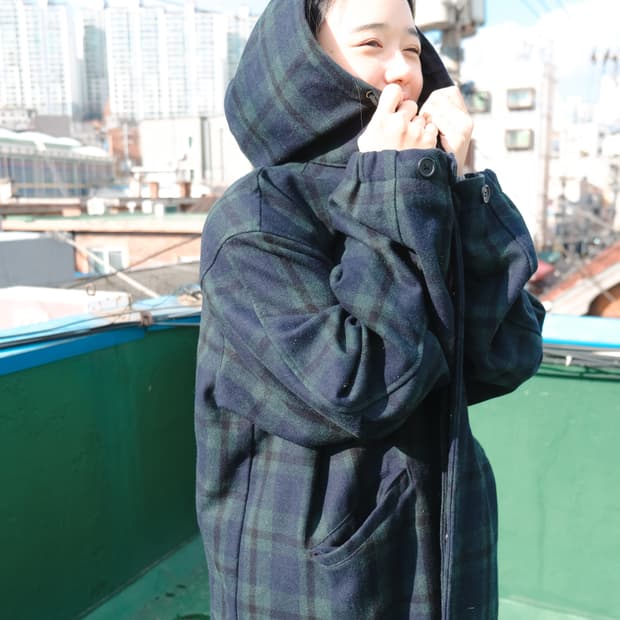 포키 후드 체크 코트