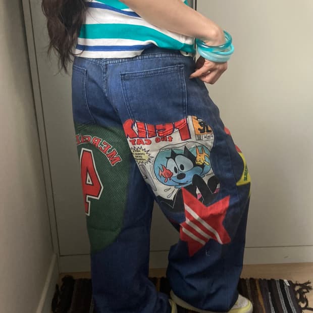 캐릭터 프린팅 데님 와이드 팬츠