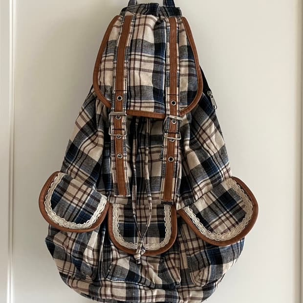 빈티지 모리걸 체크 가죽 백팩