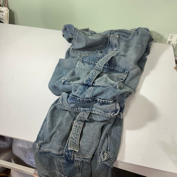 L-XL 자라 맨 빈티지워시드 와이드핏 카고 버클 데님팬츠