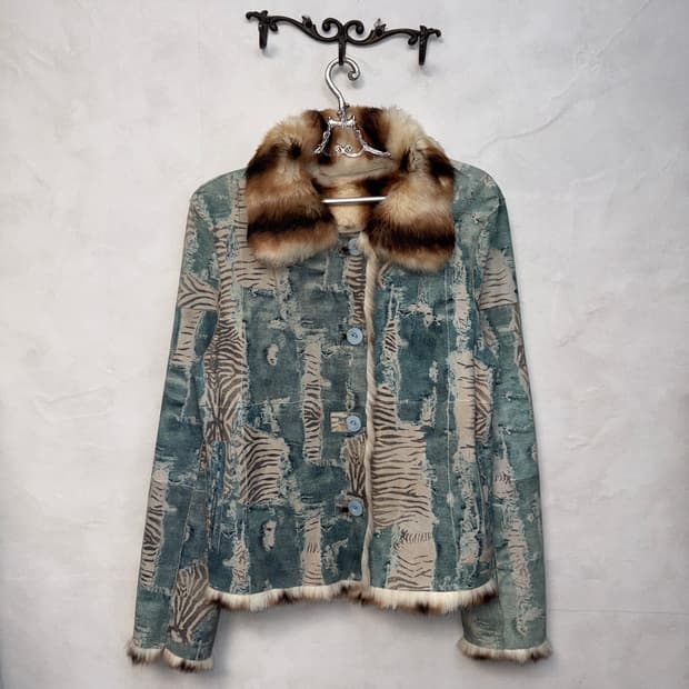Washing blue denim zebra rabbit fur 무스탕
