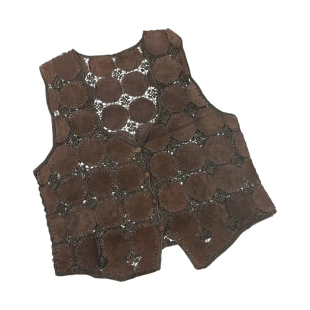 Caldcattle 빈티지 브라운 패치워크 리얼 레더 크로쉐 베스트
