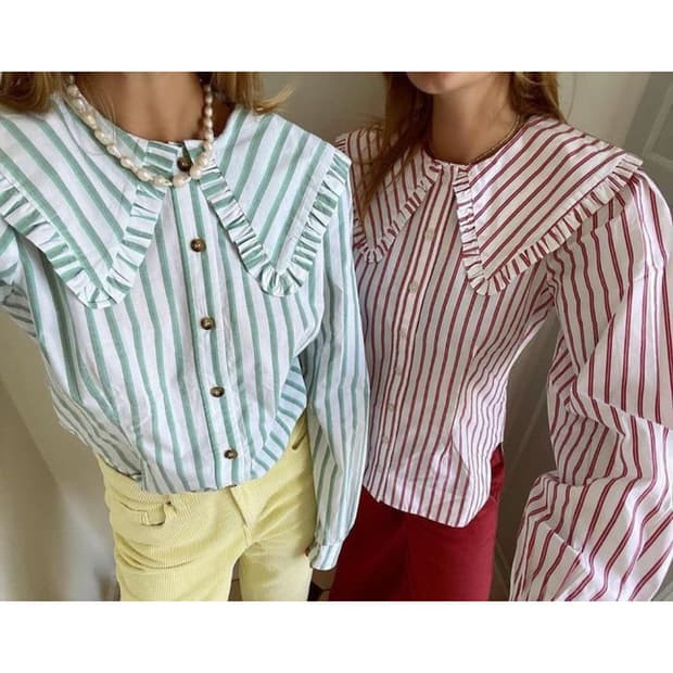 가니 GANNI 러플 스트라이프 셔츠