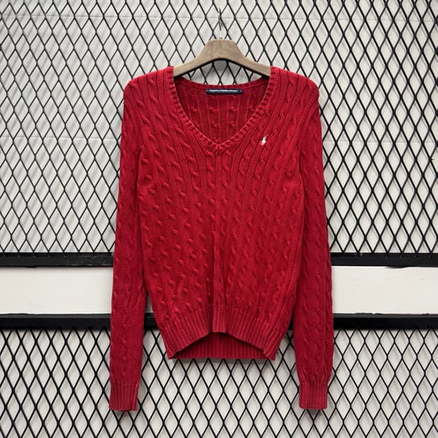 폴로 랄프로렌 케이블 니트 화이트 포니 포인트 레드