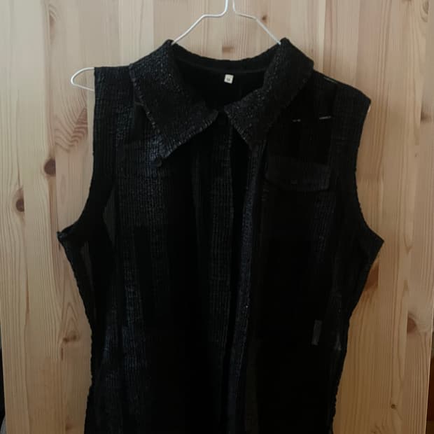 빈티지 스트라이프 시스루 버튼 나시 슬리브리스