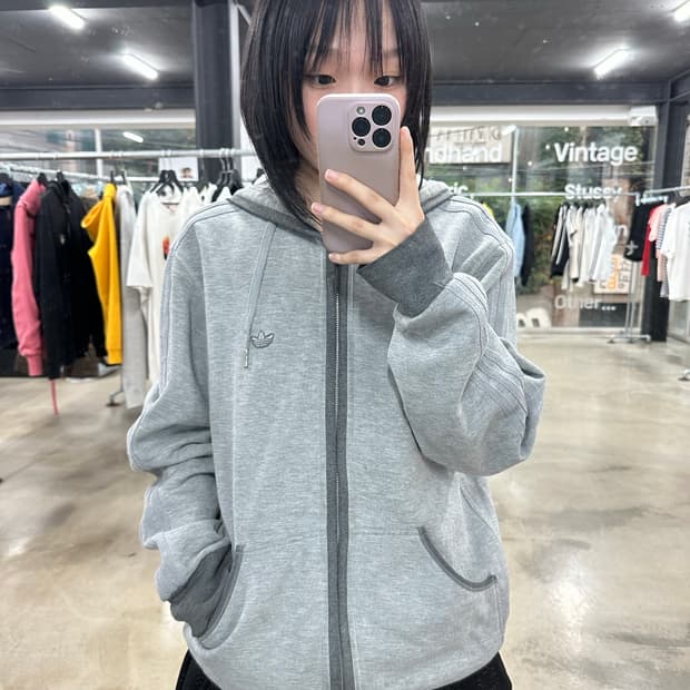 아디다스 트레포일 로고 코튼 그레이 후드집업
