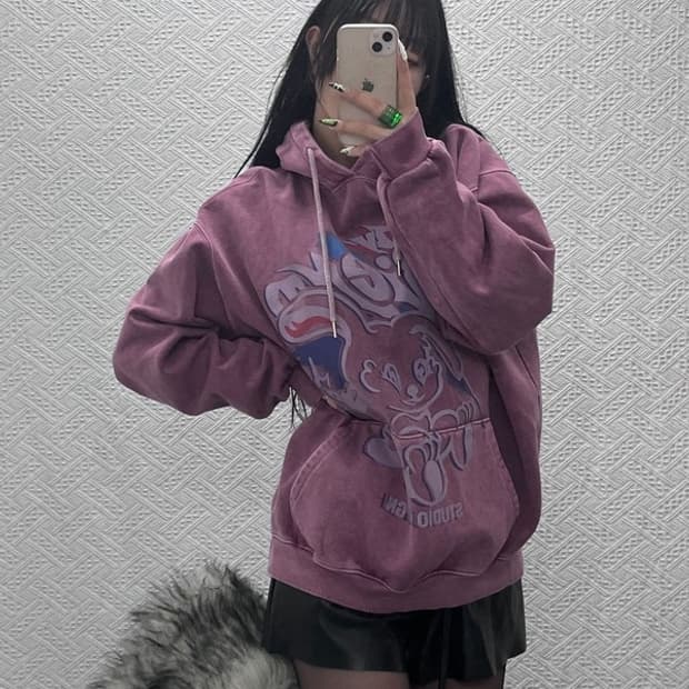 꼼파뇨 매드홉피 피그먼트 키치 인디핑크 기모 후드티 L C08680