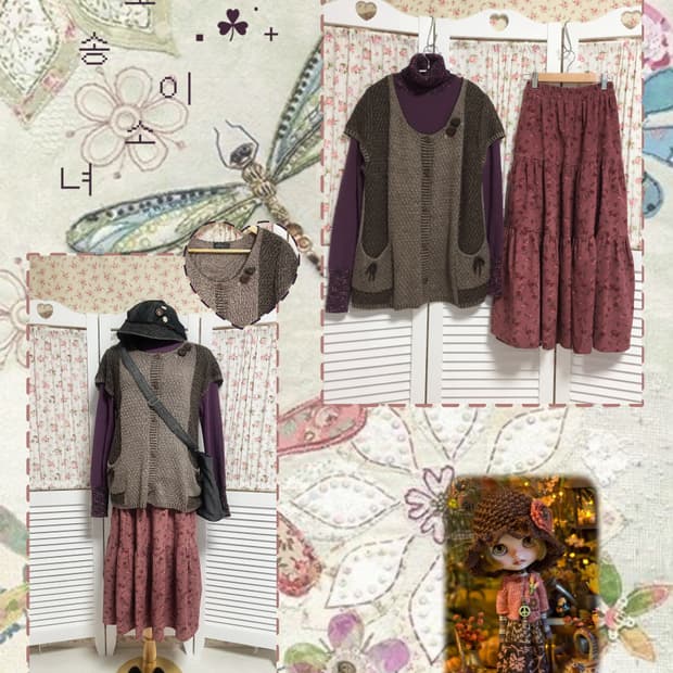 빈티지 자주 꽃무늬 골덴 스커트