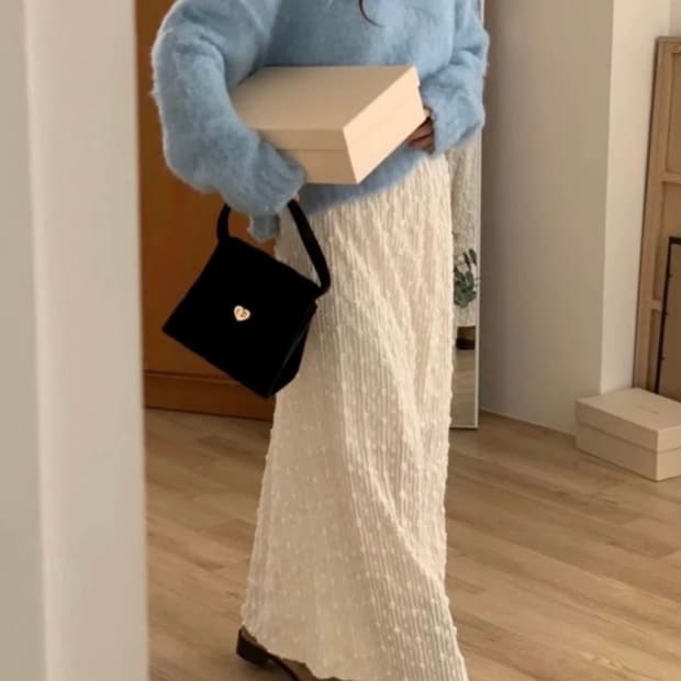 팝콘 아이보리 밴딩 롱스커트