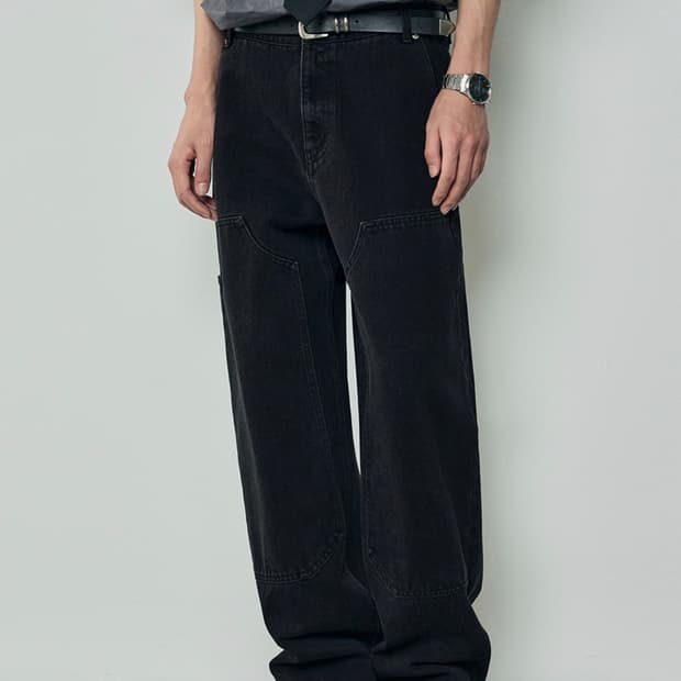(XL) 아워데이즈 패치 카펜터 세미와이드 데님 팬츠 [BLACK]