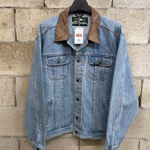 90s 잔스포츠 가죽 카라 데님 자켓