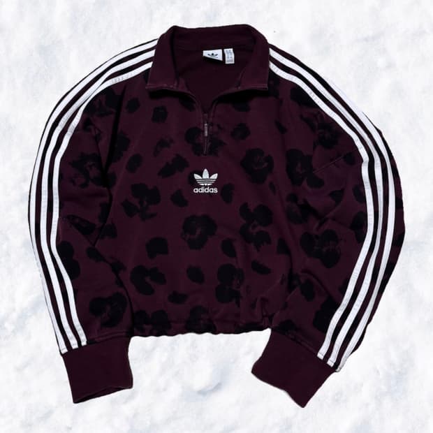 아디다스 와인버건디 레오파드 크롭 반집업 맨투맨