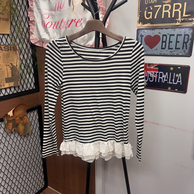 Black Striped Lace Frill Top