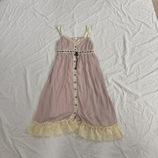 모리걸 하구미 도트 레이스 쉬폰 롱 원피스 핑크
