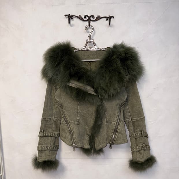 Khaki denim zipper buckle fur hood jk