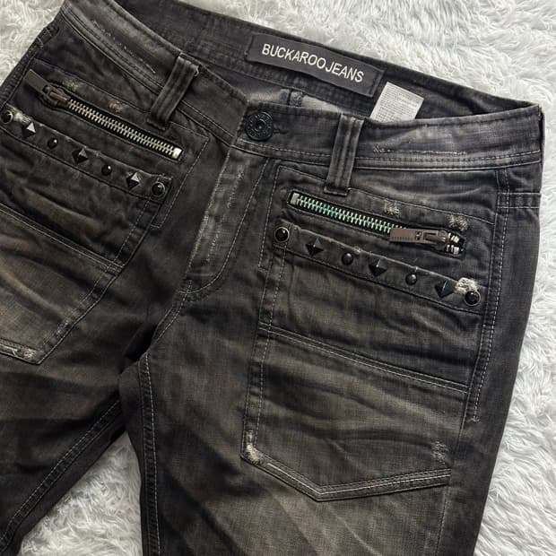 버커루 블랙 데님 바이커 팬츠