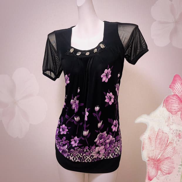 오리엔탈 오네갸루 플라워 패턴 반팔탑