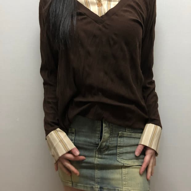 빈티지 브라운 셔츠 레이어드 탑