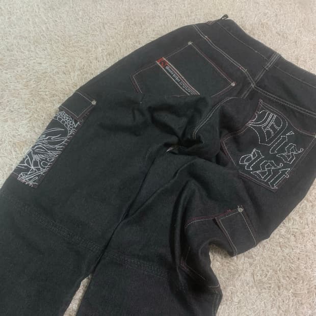 와이드 드래곤 자수 데님