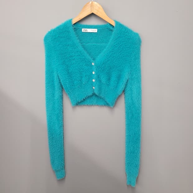 Zara 자라 앙고라 크롭 가디건 아쿠아 블루