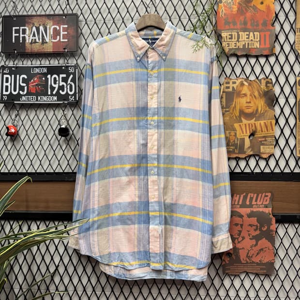 폴로 랄프로렌 멀티컬러 스트라이프 긴팔 셔츠 퍼플 포니 로고 포인트