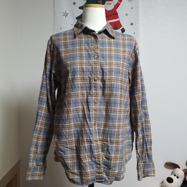 [빈티지] 유니클로 회색 하늘색 체크 남방 긴팔 셔츠