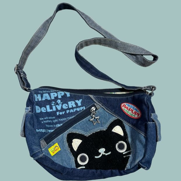 빈티지 고양이 네코 데님 크로스백