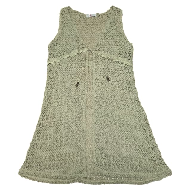 빈티지 카키 크로쉐 크로셰 로브 가디건 슬리브리스 모리걸하구미오리엔탈히피