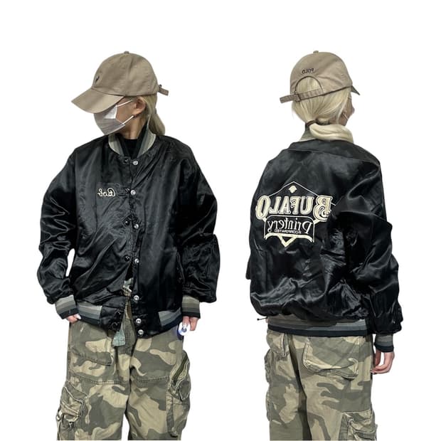 일본 빈티지 블랙 올드스쿨 자수 빅 로고 바시티 자켓 L