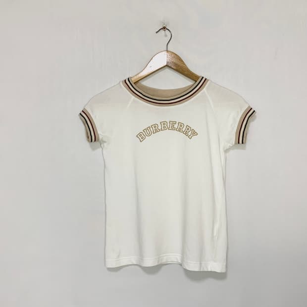 버버리 배색 라인 슬림핏 크롭 로고 반팔 티셔츠 아이보리 키즈사이즈