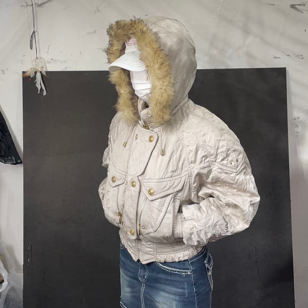 일본빈티지 울프죠 퍼 후드 자켓 크롭 패딩 L